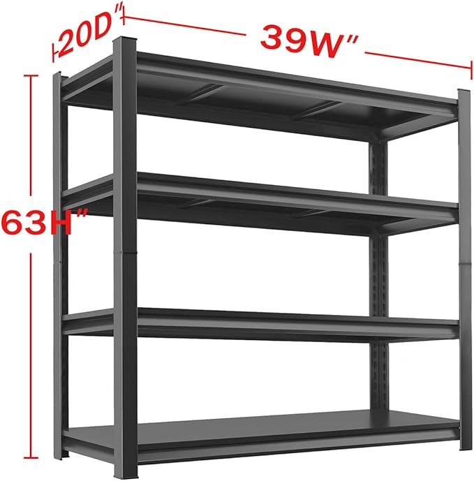 Metal Garage Storage Shelves Heavy Duty Shelving Unit 4 Tier Steel Adjustable Organizing Shelves 2500 LBS Capacity Industrial Shelving Ideal for Garage Tote Pantry Basement Outdoor, 63”Hx39”Wx20”D