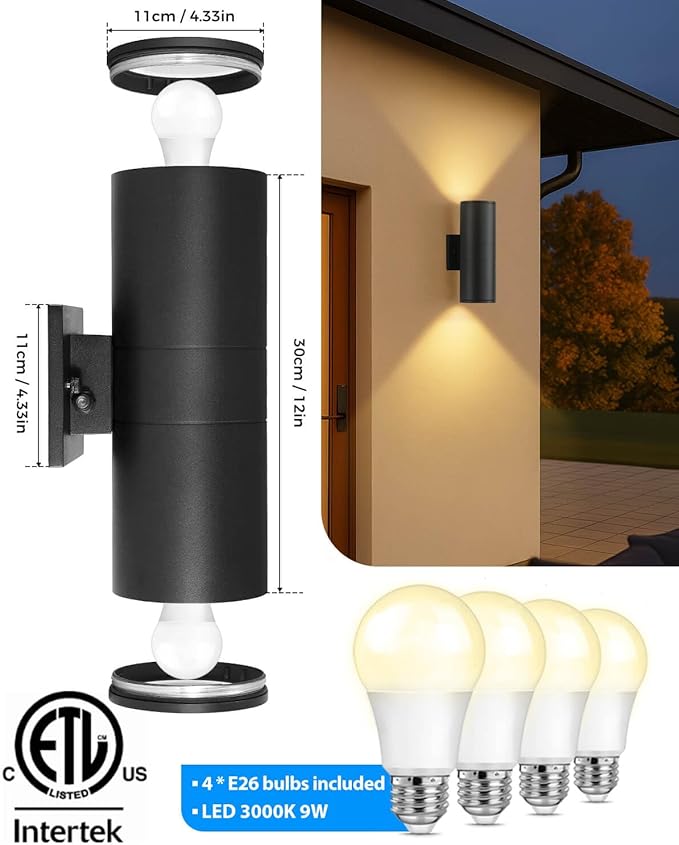 KIZON Dusk to Dawn Outdoor Lighting 2 Pack, Modern Outdoor Wall Lights Black Exterior Lighting Fixtures Wall Mount with E26 Base, Waterproof Sconce Porch Light with Bulbs Included, ETL Listed