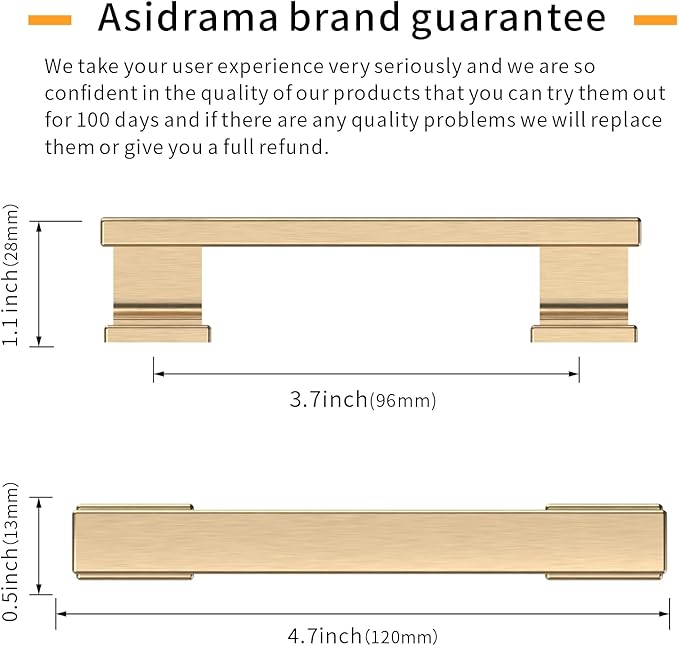 Asidrama 10 Pack 3.75 Inch(96mm) Brushed Brass Kitchen Cabinet Handles, Cabinet Pulls Kitchen Cabinet Hardware for Cupboard Drawer Pulls