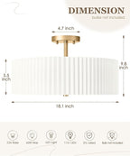 Gold Semi Flush Mount Ceiling Lights, 4-Light 18" Ceiling Light Fixture with White Pleated Fabric Shade, Drum Lamp for Nursery Hallway Bedroom Kitchen, AD-25036-4SF-GD