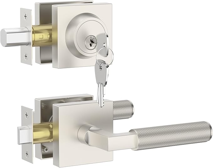 Asidrama Premium Satin Nickel Zinc-Alloy Front Door Lock Set: Double Cylinder Deadbolt, Heavy Duty Security Handleset for Left/Right Exterior Doors, Universal Entry Locks (2 Pack)