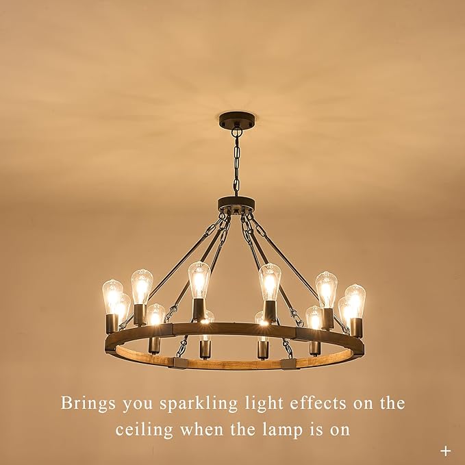 31.5'' Wooden Wagon Wheel Chandelier Farmhouse 12 Lights Wood Round Chandelier Black Rustic Light Fixture for Living Dining Room Entryway Foyer Kitchen