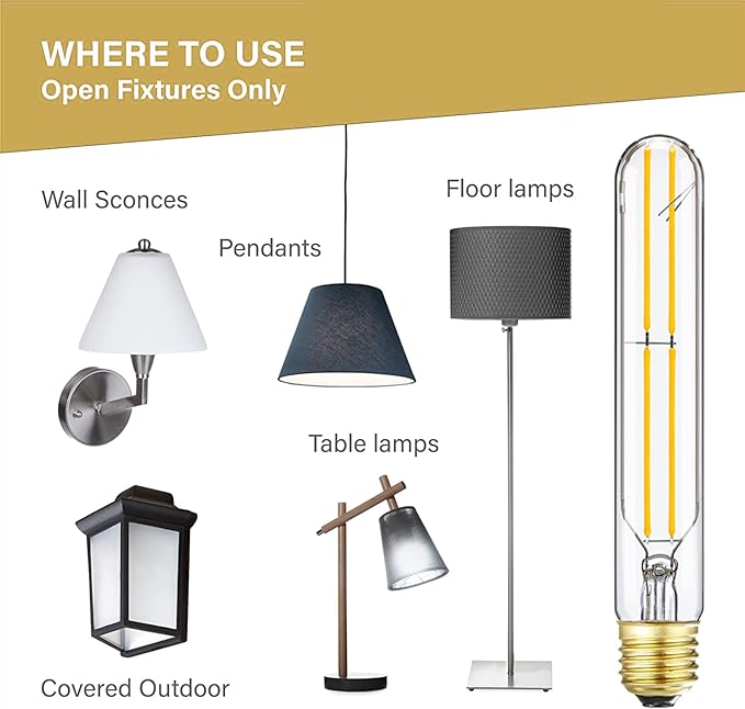 T10 LED Bulb E26 60 Watt Dimmable 7.3 INCH Tubular Long Light Bulbs, 5000K Cool White Tube Light Bulb for Candelabra, Wall Scones, Chandelier and Ceiling Fan, 120V 600Lumens 6 Pack