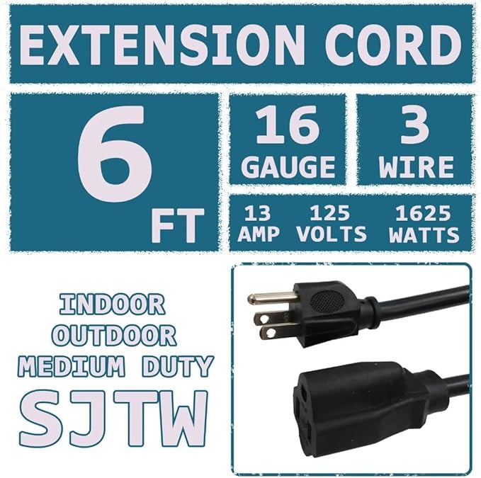 Indoor Outdoor Extension Cord 6 FT Waterproof, 16/3 Gauge Heavy Duty Black Extension Cords, 13A 1625W SJTW Extension Cord with 3 Prong Grounded Plug, Great for Tools, Lights, UL Listed, 2PK
