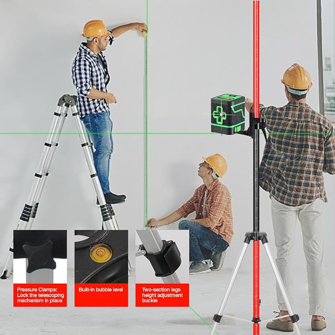 MOETER Laser Pole, 12FT/3.7M Adjustable Laser Level Pole with Tripod and 1/4''-20 Mount for Rotary and Line Rotary Lasers, Telescoping Laser Level Tripod with 5/8"-11 Thread Adapter