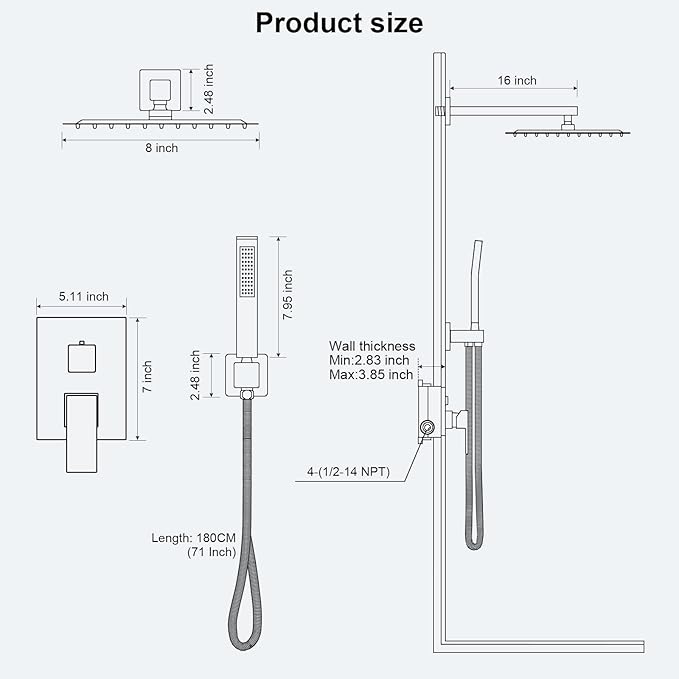 Black Shower Faucet Set, Rainfall Shower System with Square Shower Head and Handle Set, Wall Mounted Shower Fixtures, Full Metal Trim Repair Kit 8 inch Matte Black (With Shower Valve)