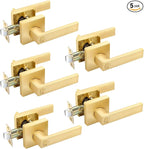 EHOMEWARE 5 Pack Interior Door Handles Brass Door Levers for Bedroom Bathroom, Satin Brass Door Lever Set with Square Rosette, Modern Door Lockset Leverset