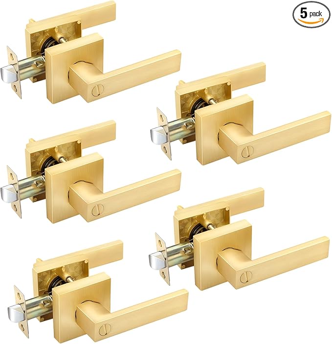 EHOMEWARE 5 Pack Interior Door Handles Brass Door Levers for Bedroom Bathroom, Satin Brass Door Lever Set with Square Rosette, Modern Door Lockset Leverset