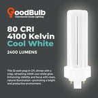 GoodBulb 32 Watt CFL Light Bulbs 4 Pin GX24Q-3 Base 4100K Cool White 32W High Output 2400 Lumens Triple Tube Compact Fluorescent Light Bulbs Plug-in 10 Pack