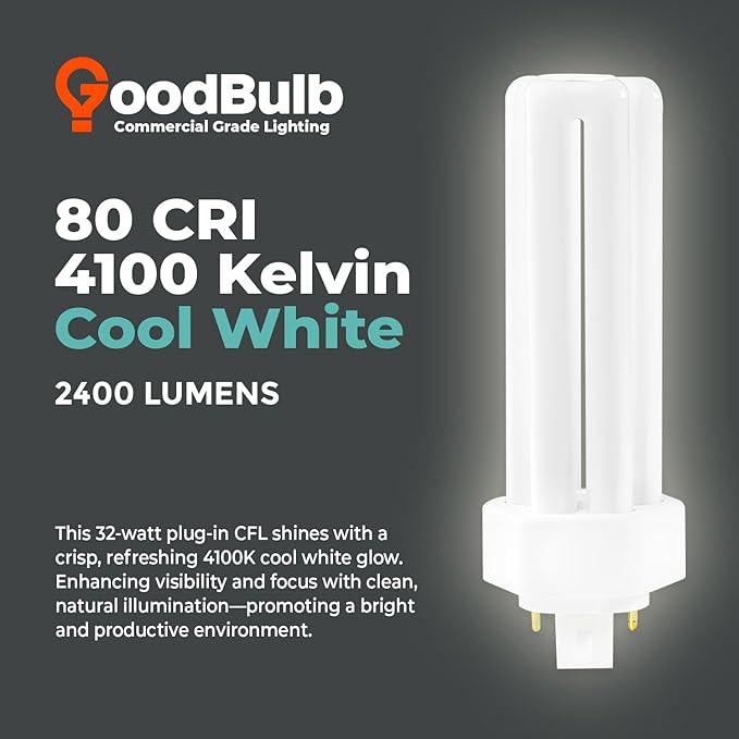 GoodBulb 32 Watt CFL Light Bulbs 4 Pin GX24Q-3 Base 4100K Cool White 32W High Output 2400 Lumens Triple Tube Compact Fluorescent Light Bulbs Plug-in 10 Pack