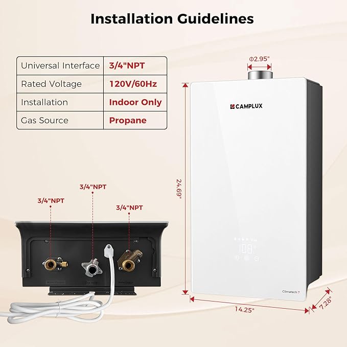 CAMPLUX Climatech 7 Tankless Water Heater Propane 170,000 BTU, 6.86 GPM Residential Instant On-Demand Tankless Hot Water Heater Liquid Propane, Indoor Installation, CA686WLP, Real Parameters, No False
