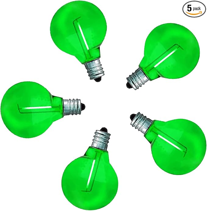 5 Pack G40 Green LED Replacement Christmas Light Bulbs,E12 Candelabra Base, Shatterproof Plastic, for Christmas Outdoor String Lights (5 PCS)
