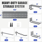 Garage Tool Organizer Wall Mount 64 inches with 13 Adjustable Heavy-Duty Hooks, Garage Organization, Garden Tool Storage Rack, Yard, and Shed, Holds Up to 520 lbs (Grey)