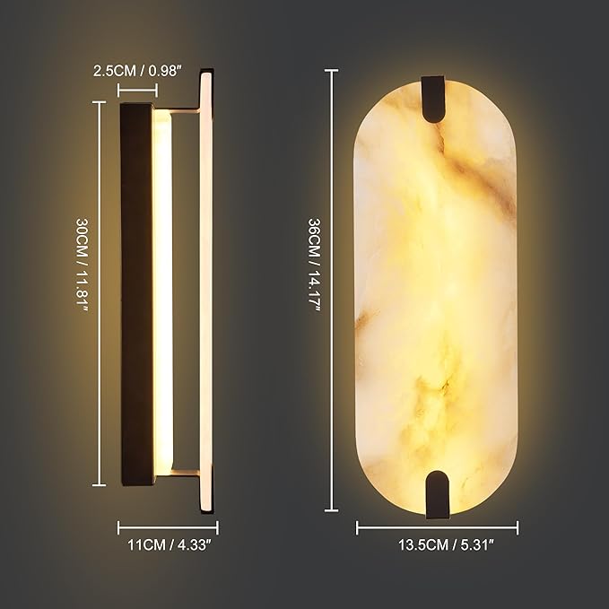 14.17in Alabaster Wall Sconces, Natural Marble Wall Light, Modern LED Alabaster Sconces for Living Room Indoor Wall Lamps for Dining Room Stairs Bedroom,Black