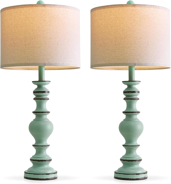 BOBOMOMO 27" Distressed Teal Table Lamps Set of 2, Large Coastal Farmhouse Resin Lamps with Linen Shades, Blue Green Lamps for Living Room, Bedroom, or Console Table Home Décor