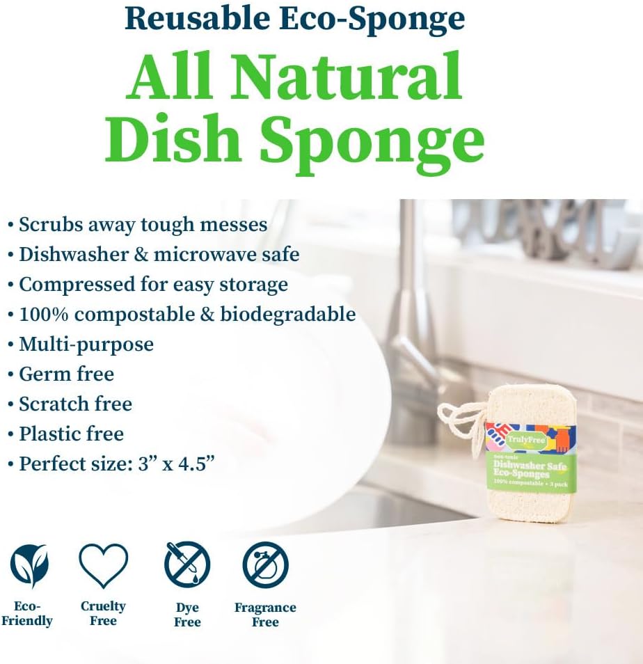 Truly Free Natural Cleaning Sponges, 100% Organic Luffa Dish Scrubber, Plant-Based Compostable Kitchen Dishwasher Sponge, Cleans Sink, Grout & Tile, Non Scratch Scouring Pad - 4.4 x 2.8 in, Pack of 3