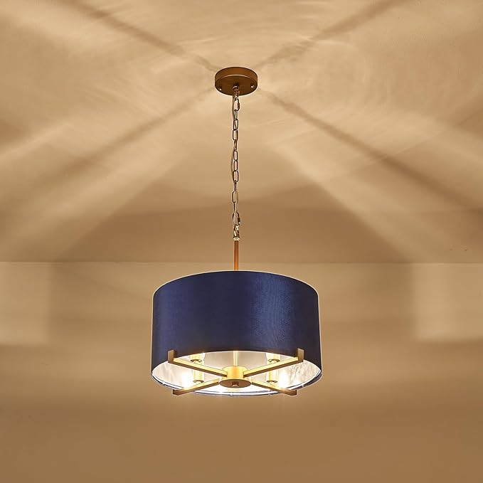 Drum Chandelier,18” Blue and Gold Round Ceiling Pendant Light Fixture Velvet Fabric Shade 4 Lights Modern Semi Flush Mount Hanging Chandelier for Dining Room Foyer Hallway