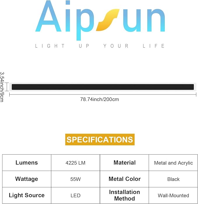 Aipsun 2 Packs Porch Wall Lights 55W 78.7 inch Long Strip Modern Outdoor Wall Light Fixture, Black Wall Mount Lighting Sconce Exterior Lights Wall Sconce 3000K for House Living Room Corridor