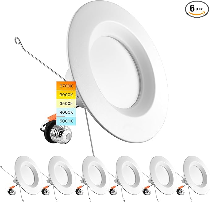 LUXRITE 5/6 Inch LED Recessed Retrofit Downlight, 14W=90W, CCT Color Selectable 2700K | 3000K | 3500K | 4000K | 5000K, Dimmable Can Light, 1100 Lumens, Wet Rated, Energy Star, Smooth Trim (6 Pack)