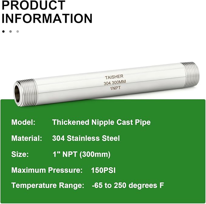 TAISHER 2PCS Stainless Steel Pipe Fittings, 1" NPT Male x 1" NPT Male Threaded, 12" Length Thickened Nipple Cast Pipe