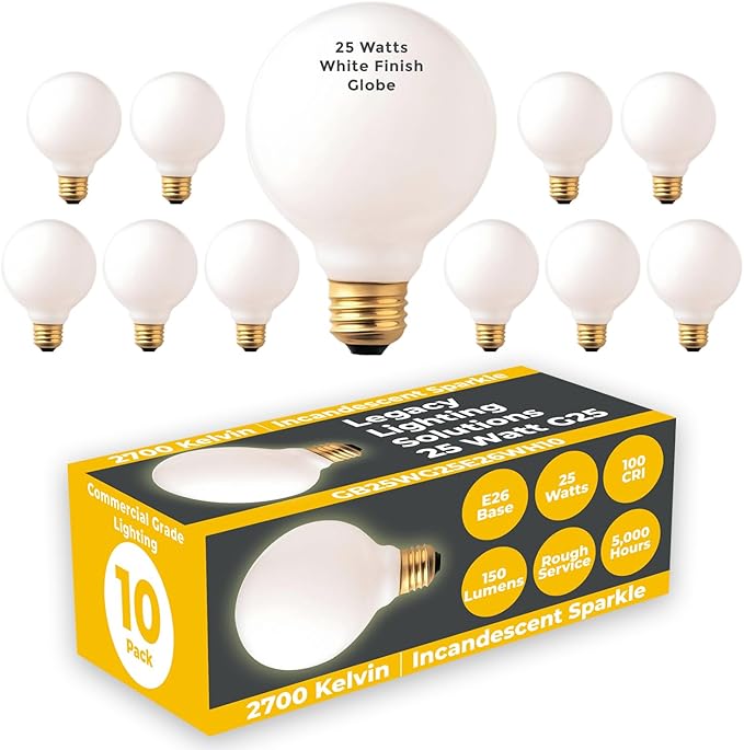 GoodBulb 25-Watt Frosted G25 Light Bulbs Incandescent Restaurant Bulb E26 Medium Base 2700K Warm White 175 Lumens Restaurant Light Bulbs Pack of 10 Bulbs
