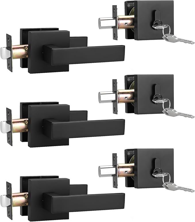 3 Pack Keyed Entry Door Lock with Deadbolt Set, Reversible Passage Lever and Keyed Alike Double Cylinder Deadbolt, Matte Black Square Handleset for Bedroom, Front Door