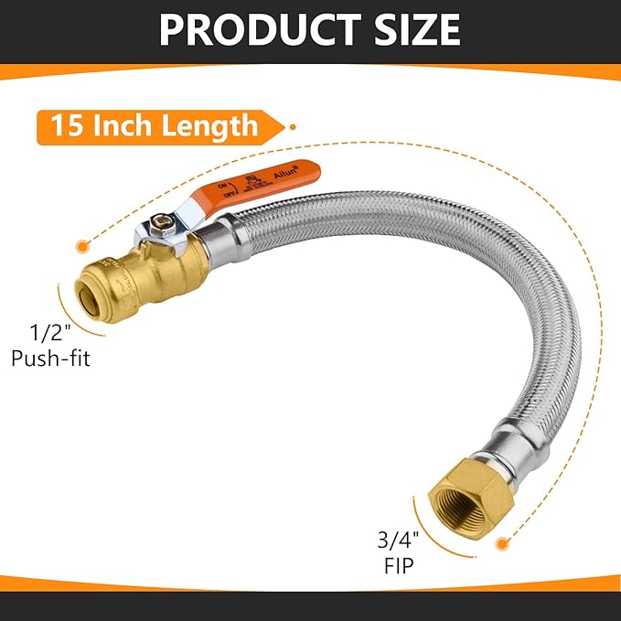 5-Pack HeSun 15-Inch Push-Fit Ball Valve Water Heater Connector, Push-to-Connect 1/2" x 3/4" FIP, Stainless Steel Flexible Heater Hose(HOSE036-5)