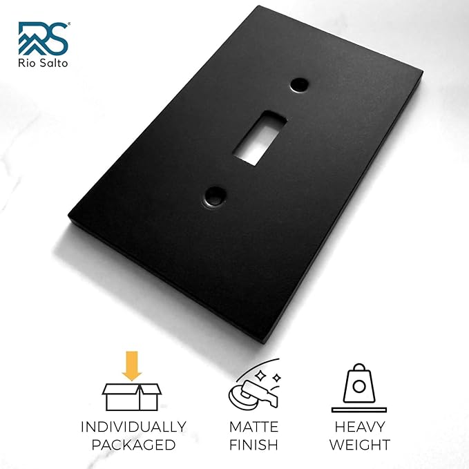 RIO SALTO Modern Metal Matte Black Toggle Light Switch Cover Metal Decorative Toggle Switch Covers Wall Plate Outlet Cover Black Wall Electric Outlet Socket Togle - Midsize 1 Gang 5-Pack
