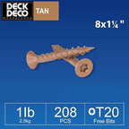 Wood Screws #8 x 1-1/4" 208pcs(Approx), Tan Ruspert Coating Exterior Deck Screws, Torx/Star Drive Flat Head,Twist Shank, Cut Tip/Thread, Bit Included, 1 lb/Box