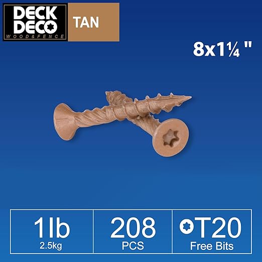 Wood Screws #8 x 1-1/4" 208pcs(Approx), Tan Ruspert Coating Exterior Deck Screws, Torx/Star Drive Flat Head,Twist Shank, Cut Tip/Thread, Bit Included, 1 lb/Box