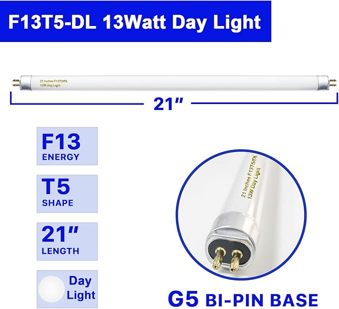 8 Pack 21 Inch T5 Fluorescent Bulbs 13 Watt Daylight 6500K, F13T5D Under Cabinet Lights Bulb, 750 Lumen G5 Base