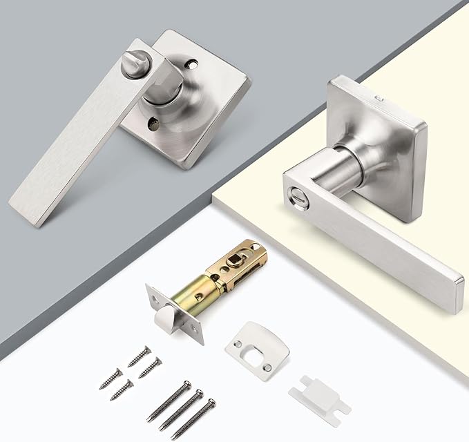 GOBEKOR 10 Pack Privacy Door Levers Keyless Bedroom Door Handle with Lock Brushed Nickel Interior Door Handles Square Door Lock Straight Lever