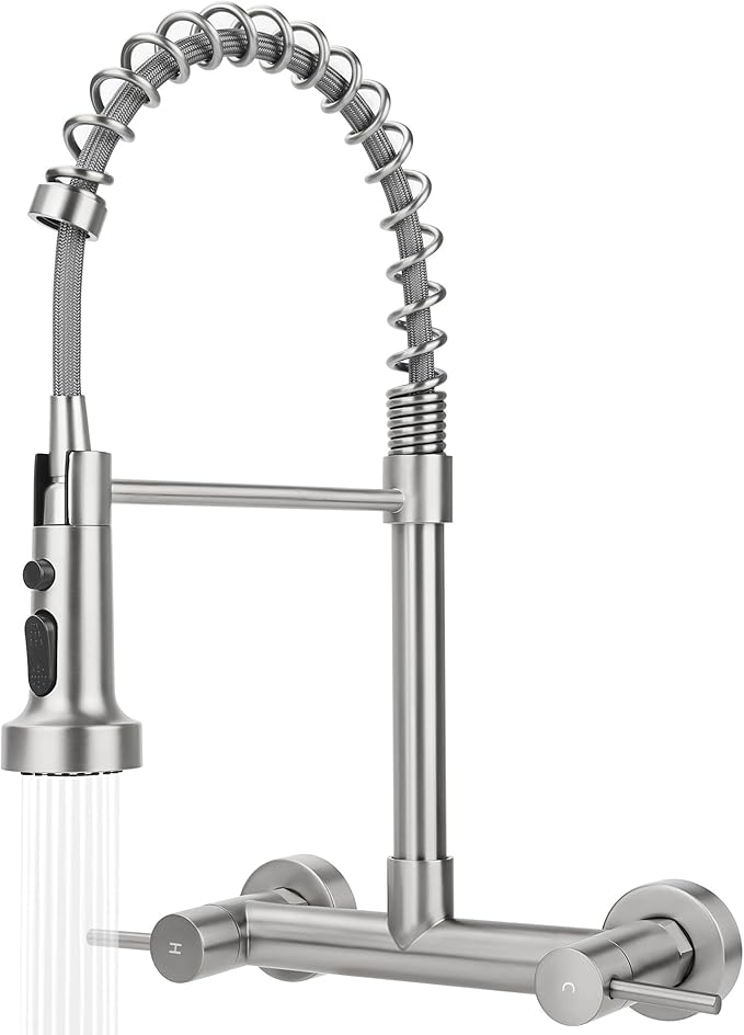 Wall Mount Kitchen Sink Faucet, 8 Inch Center Wall Mount Kitchen Faucets with 3-Function Pull Down Sprayer, Dual Handles Commercial Faucet for Kitchen Laundry Restaurant (Brushed Nickel)