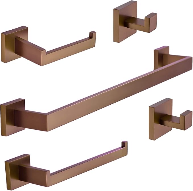 TRUSTMI Contemporary 5-Pieces Bathroom Hardware Set Towel Bar Robe Hook Toilet Roll Paper Holder, SUS 304 Stainless Steel Wall Mounted, Brushed Rose Gold