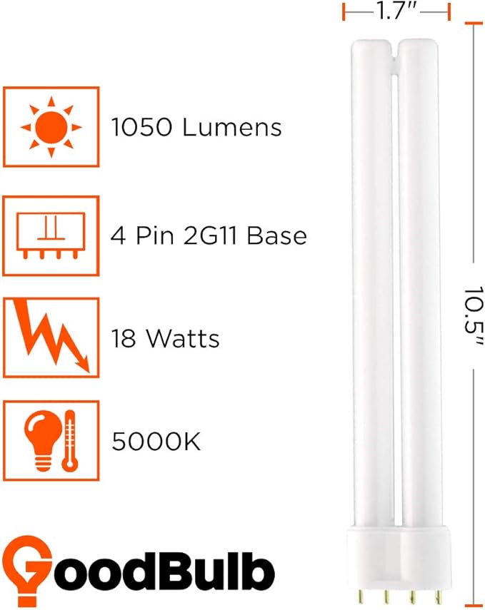 GoodBulb PLL18/850 18W 10.5" Twin Tube Compact Fluorescent Light Bulb 4-pin 2G11 Base 5000K Daylight 1050 Lumen Car Dealership Lighting Pack of 10