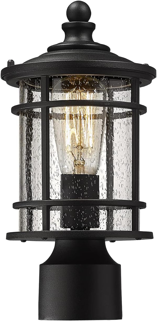 Emliviar Lamp Post Light Fixture - Modern Outdoor Post Light with Seeded Glass 12.5 Inch, Black Finish, XE229P-S BK