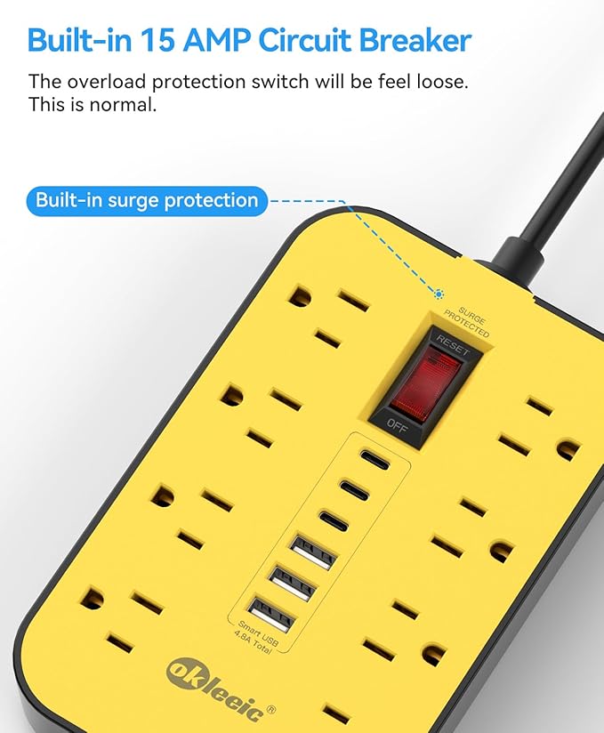 8-Outlets Heavy Duty Power Strip with 6 USB Ports(3 USB-C), Industrial Surge Protector Power Strip 15 Amps/1700 Joules, 6 Ft Multi-Plug Electric Extension Cord Wall Mount for Workshop Garage (Yellow)