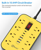 8-Outlets Heavy Duty Power Strip with 6 USB Ports(3 USB-C), Industrial Surge Protector Power Strip 15 Amps/1700 Joules, 6 Ft Multi-Plug Electric Extension Cord Wall Mount for Workshop Garage (Yellow)