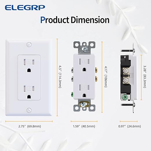 ELEGRP Decorator Wall Receptacle Outlet, Tamper Resistant 15 Amp Standard Electrical Wall Outlet, Residential Grade, Self-grounding, 125V, Wall Plate Included, UL Listed, Glossy White, 50 Pack