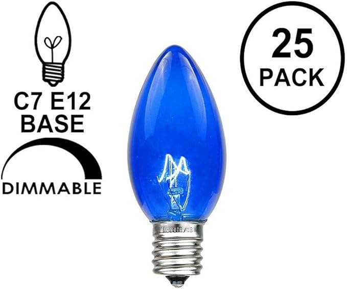 Novelty Lights Incandescent Replacement Bulbs - Outdoor Individual Bulbs for Events, Holiday Parties, Patios, and More - C7/E12 Candelabra Base, 5 Watt Lights (Blue, 25 Pack)