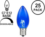 Novelty Lights Incandescent Replacement Bulbs - Outdoor Individual Bulbs for Events, Holiday Parties, Patios, and More - C7/E12 Candelabra Base, 5 Watt Lights (Blue, 25 Pack)