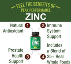 Vegan Zinc Supplement with Vitamin C + Whole Food Blend of 25 Vegetables and Fruits for Max Absorption. Zinc Supplements Zinc 30mg Capsules, Pills, Tablets, Vitamins for Adults Both Men and Women