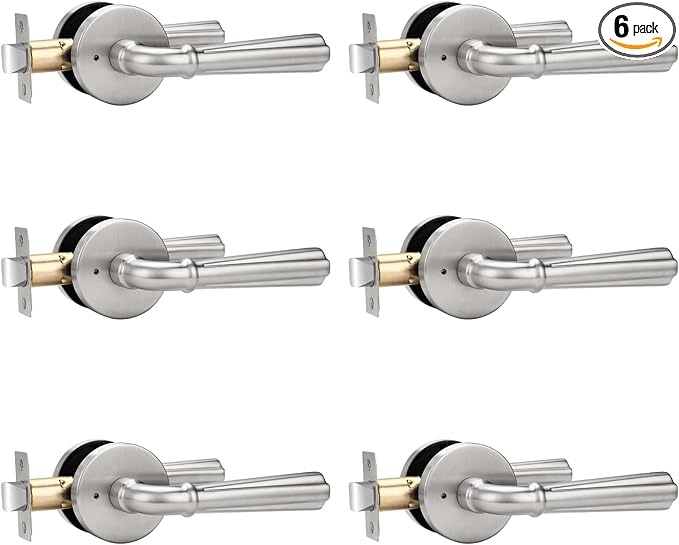 Orger 6 Pack Satin Nickel Privacy Door Lever Interior Door Handle with Lock, Keyless Bed Bath Door Handle Round Door Lever Reversible for Left & Right, Modern Privacy Door Lock Stainless Steel
