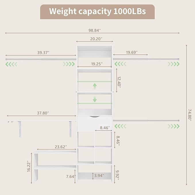 8ft Closet System with Drawers, 99 Inches Walk in Closet Organizer System with 3 Hanging Rods, Adjustable Built in Closets Systems, Sturdy Closets Insert, Easy Assembly, Max Load 1000 Lbs, White