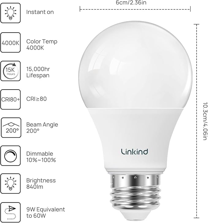 Linkind A19 LED Light Bulbs, 60W Equivalent Dimmable Light Bulbs, 4000K Cool White, 9W 840 Lumens LED Bulbs, E26 Standard Base 120V, Lighting for Bedroom Living Room Home Office, 6 Packs