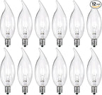 12-Pack Clear B10 CTC E12 Base Decorative Candle Light Bulbs, 60W, 480 Lumens, 2700K Warm White, Dimmable Incandescent Bulbs for Chandeliers and Wall Sconces