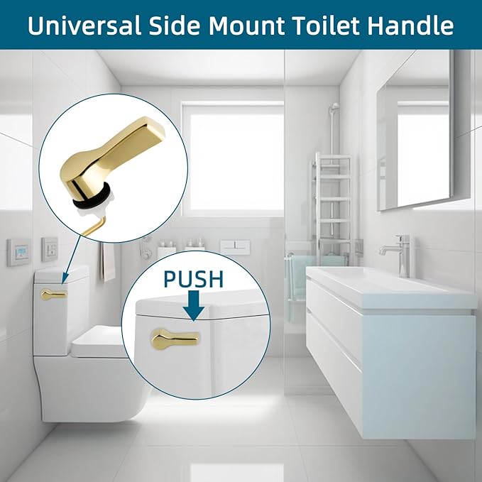 Hygie Rinse Metal Toilet Handle Lever Flush Replacement, 2PCS Universal Side Mount Toilet Handle with Stainless Steel Flapper Chains, Toilet Repair Kit, Shiny Gold
