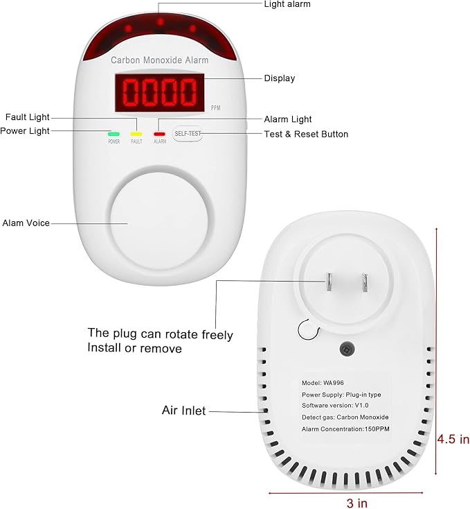 Carbon Monoxide Detector Plug in - Hembisen Portable Carbon Monoxide Detector for Travel,Plug in CO Detector with Digital Display for Apartment/Home/Kitchen,Easy to Read & Install