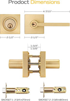 1 Set Entry Door Handle and Single Cylinder Deadbolt Lock and Key Combo Pack - Heavy Duty Square Locking Lever Set - Interior/Exterior Door Levers in Satin Brass Finish