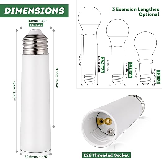Light Socket Extender,E26 to E26 Medium Screw Light Bulb Socket Extensions,Light Bulb Camera Extensions,Recessed Socket 3-3/4" Extension Adapter